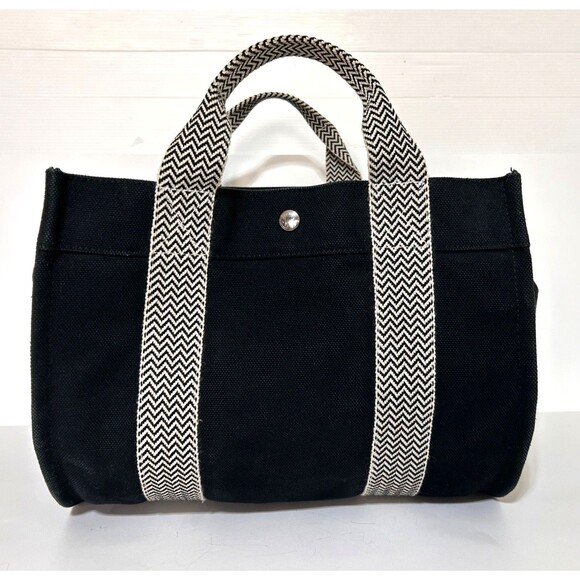 HERMES Cannes MM Tote Bag Hand Bag Canvas Black x Beige w/ Pouch Authentic - Picture 16 of 16